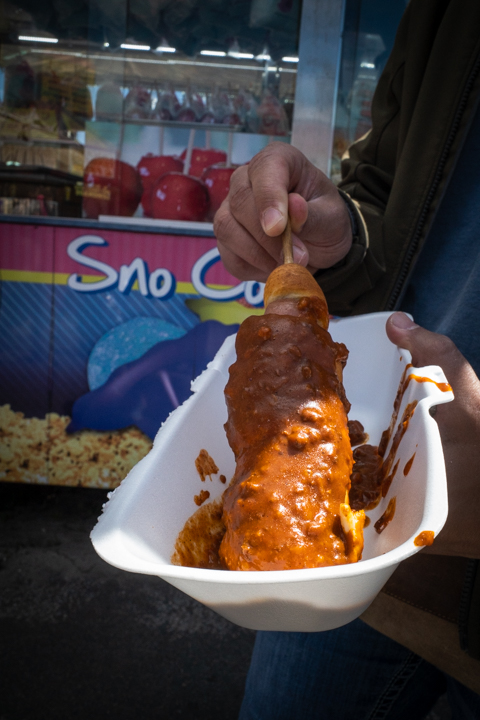 Corndog smothered in chili at the Clay County Agricultural Fair