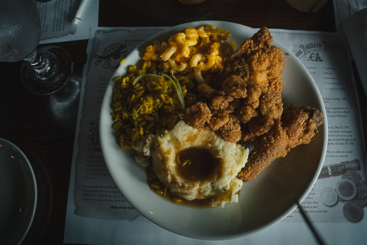 Fried chicken, mac and cheese, yellow rice, and mash potatoes from the buffet at the Pirate's House in Savannah, GA